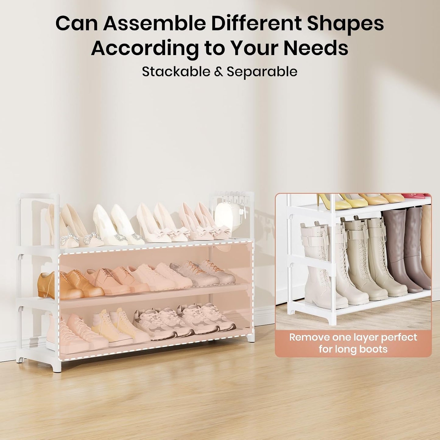 VILICK 5 Tier Shoe Rack with Hook and Side Pocket,Shoe Organizer Space Saver Storage for 20-25 Pair Shoe Storage Shelf Sturdy Free Standing Long Shoe Rack Organizer for Closet,Entryway,Small Spaces