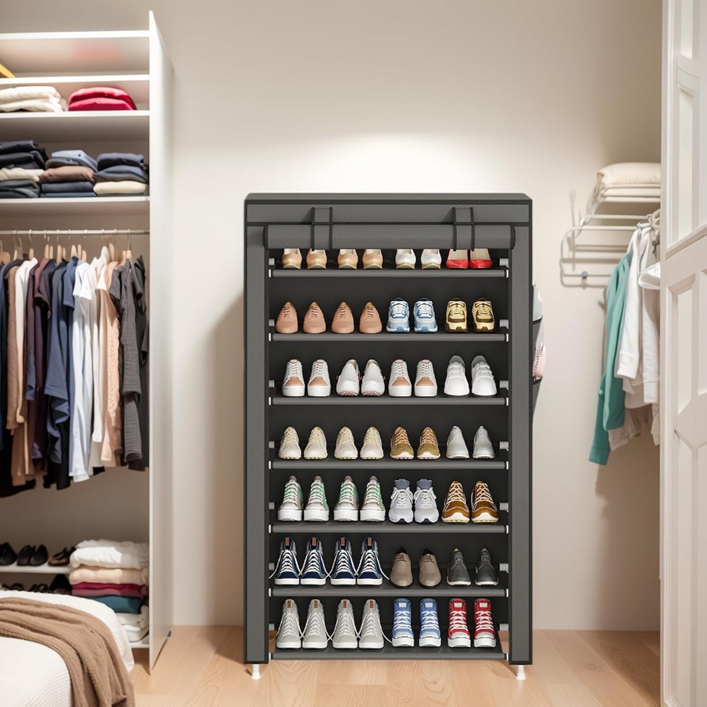Laiensia 9-Tier Vertical Shoe Rack Organizer, Space Saving Shoe Storage Organizer, Non-Woven Cover Shoe Shelf Holds 36-45 Pairs for Bedroom, Hallway, Closet Entryway, Black