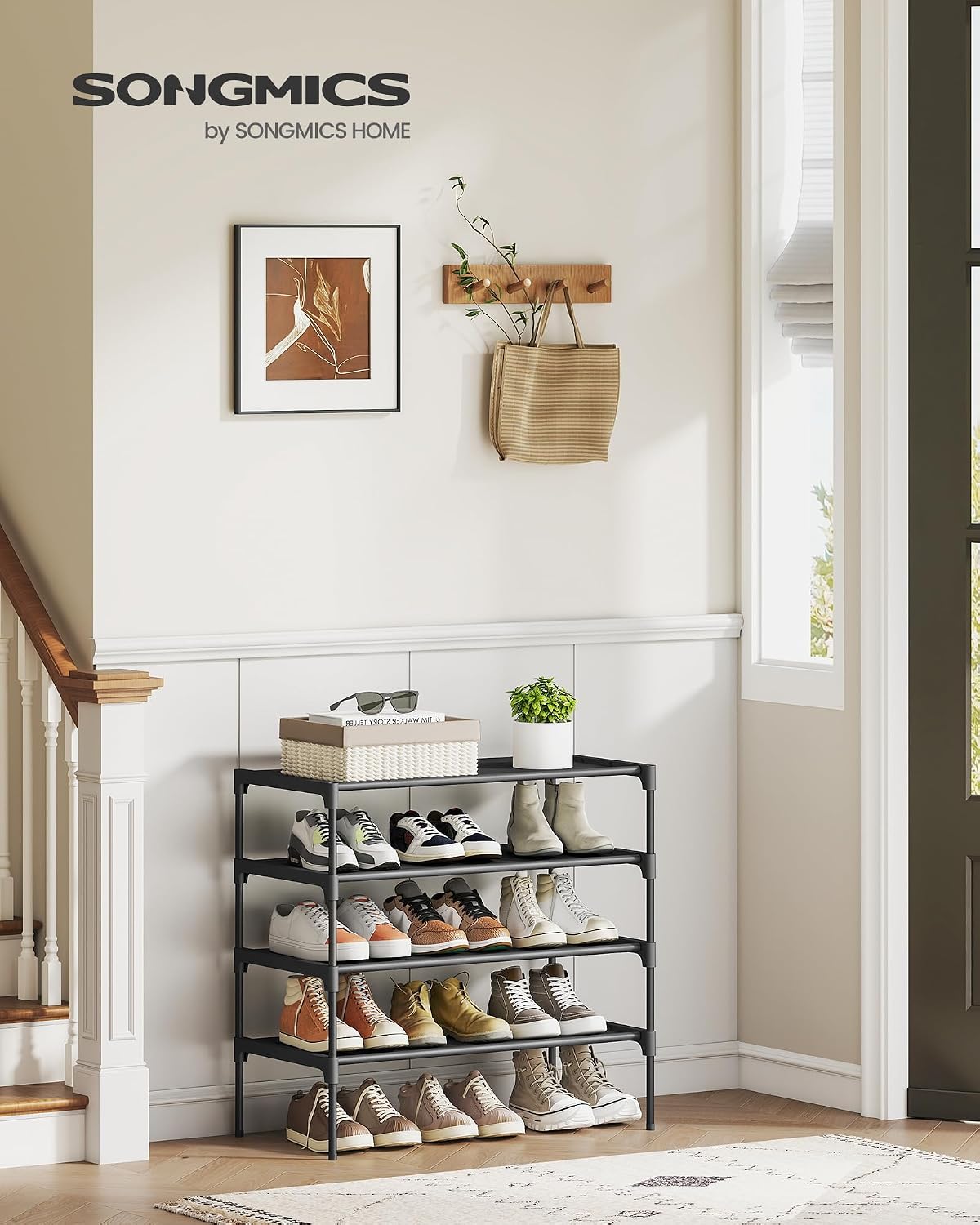 SONGMICS Shoe Rack, 2-Tier Shoe Storage Organizer, Space-Saving, 11.7 x 16.5 x 12.2 Inches, Entryway, Metal Frame, Non-Woven Fabric Shelves, Ink Black ULSH012BH01