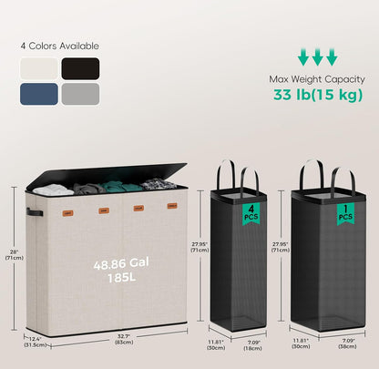 185L Laundry Hamper 3 Section with Lid & Removable Bags | Collapsible laundry basket organizer for laundry room, bedroom & dorm with 3 removable washing bags