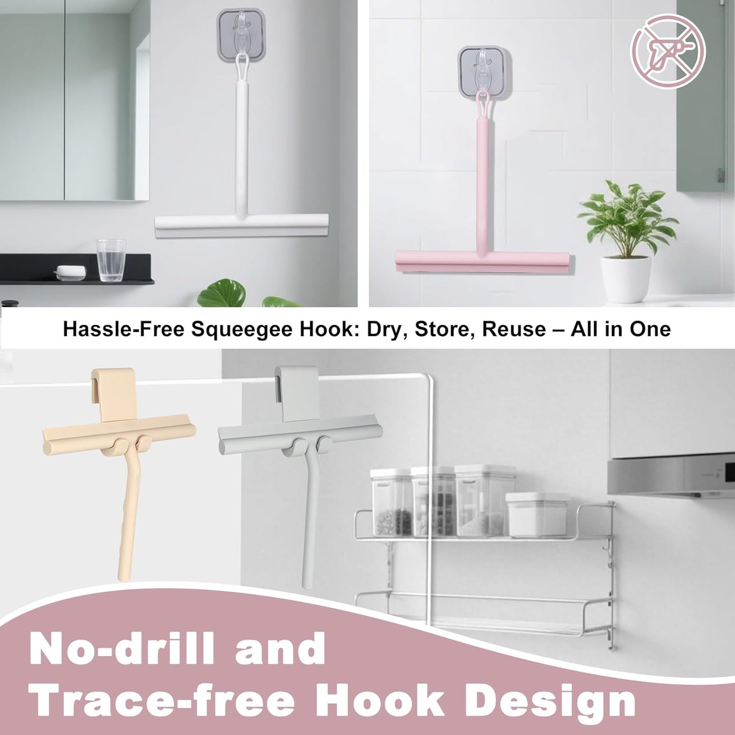 Squeegee for Shower Glass Doors, Resilient Loop - No-Drill & Adhesive Hook, Silicone Shower Squeegee with Stainless Steel Core, Cleaning Tool for Home, Kitchen, Bathroom & Car - Black