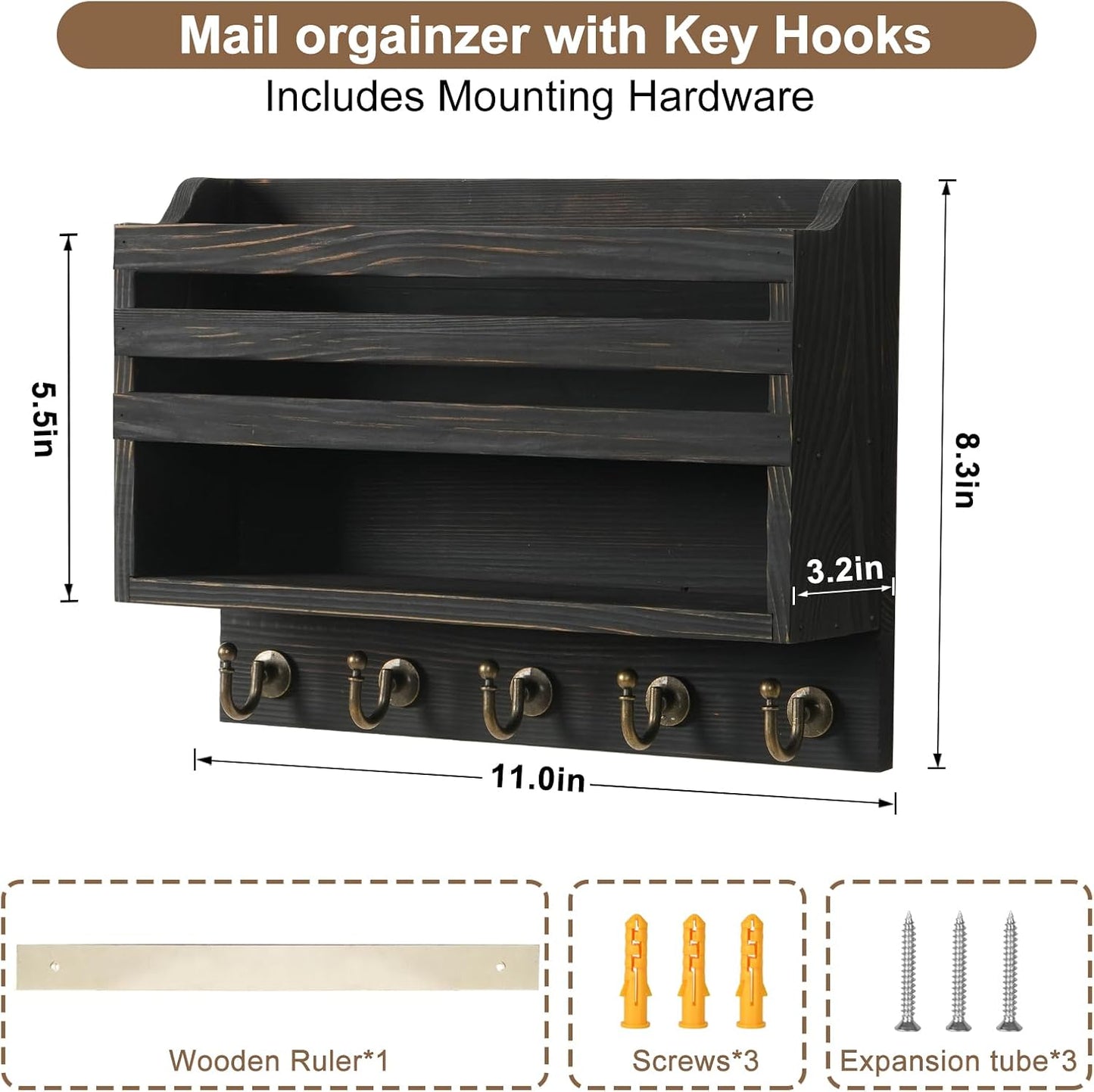 Mail and Key Organizer for Wall – Key Holder Wall Mount with Storage Box and 5 Key Hooks, Mail Holder Wall Mounted for Entryway, Apartment, Office, Home Decor Organization (Brown)