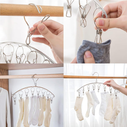 Stainless Steel Laundry Drying Rack Clothes Hanger with Windproof Hook,Underwear Hanger,Clothes Hangers with 8 Clips for Drying Socks,Diapers,Baby Clothes(2 Pack)
