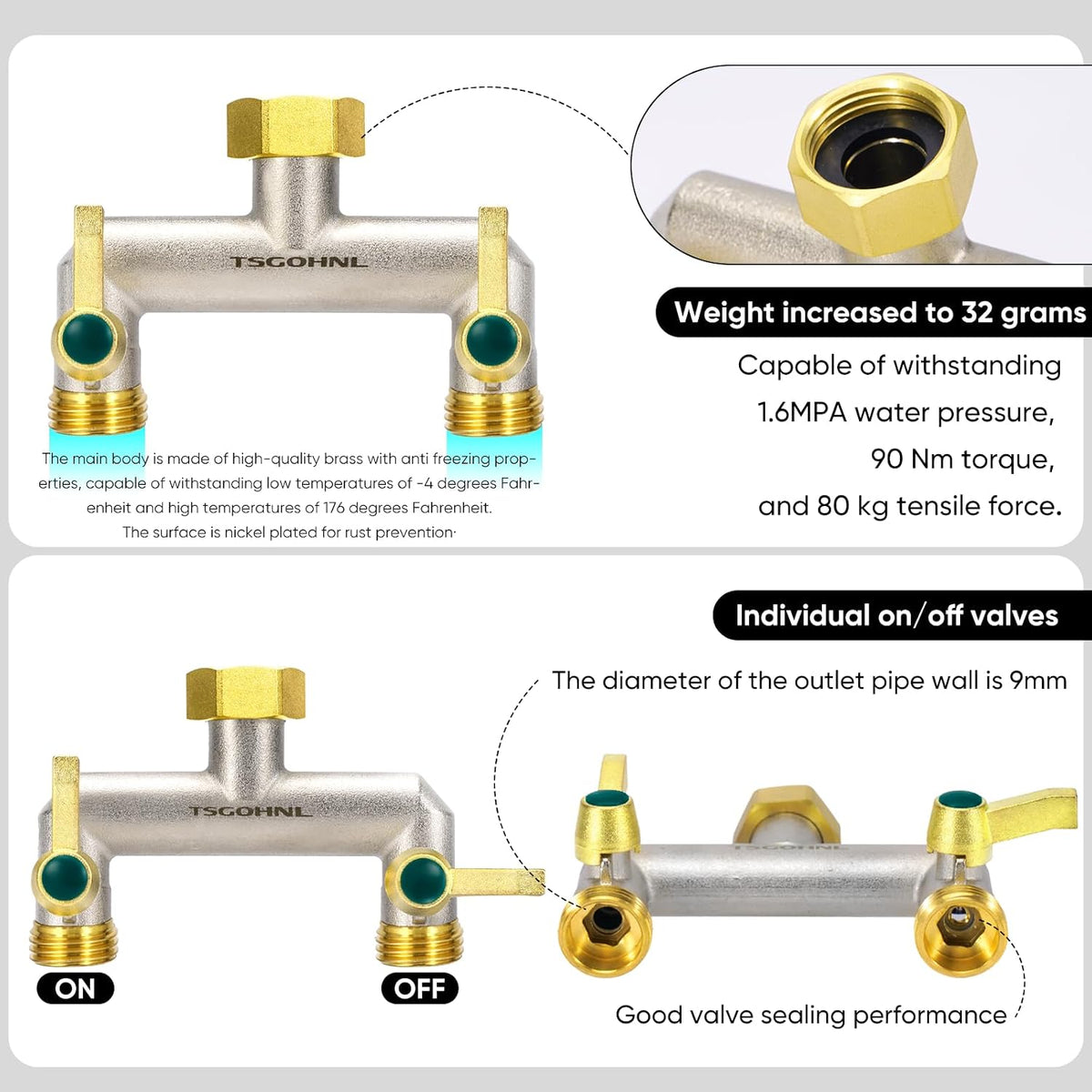 Heavy Duty Brass Garden Hose Splitter, 2-Way Faucet Splitter with 2 Extended Metal Handles, Outdoor Hose Splitter, GHT 3/4-Inch Heavy Duty Hex Female Inlet and 3/4-Inch Male Outlet, Nickel Plated