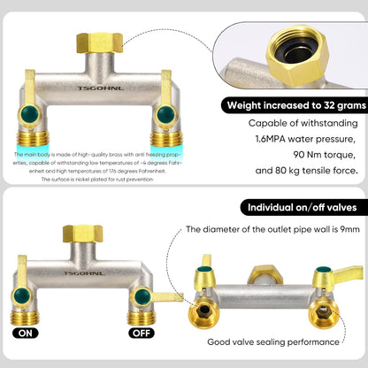 Heavy Duty Brass Garden Hose Splitter, 2-Way Faucet Splitter with 2 Extended Metal Handles, Outdoor Hose Splitter, GHT 3/4-Inch Heavy Duty Hex Female Inlet and 3/4-Inch Male Outlet, Nickel Plated