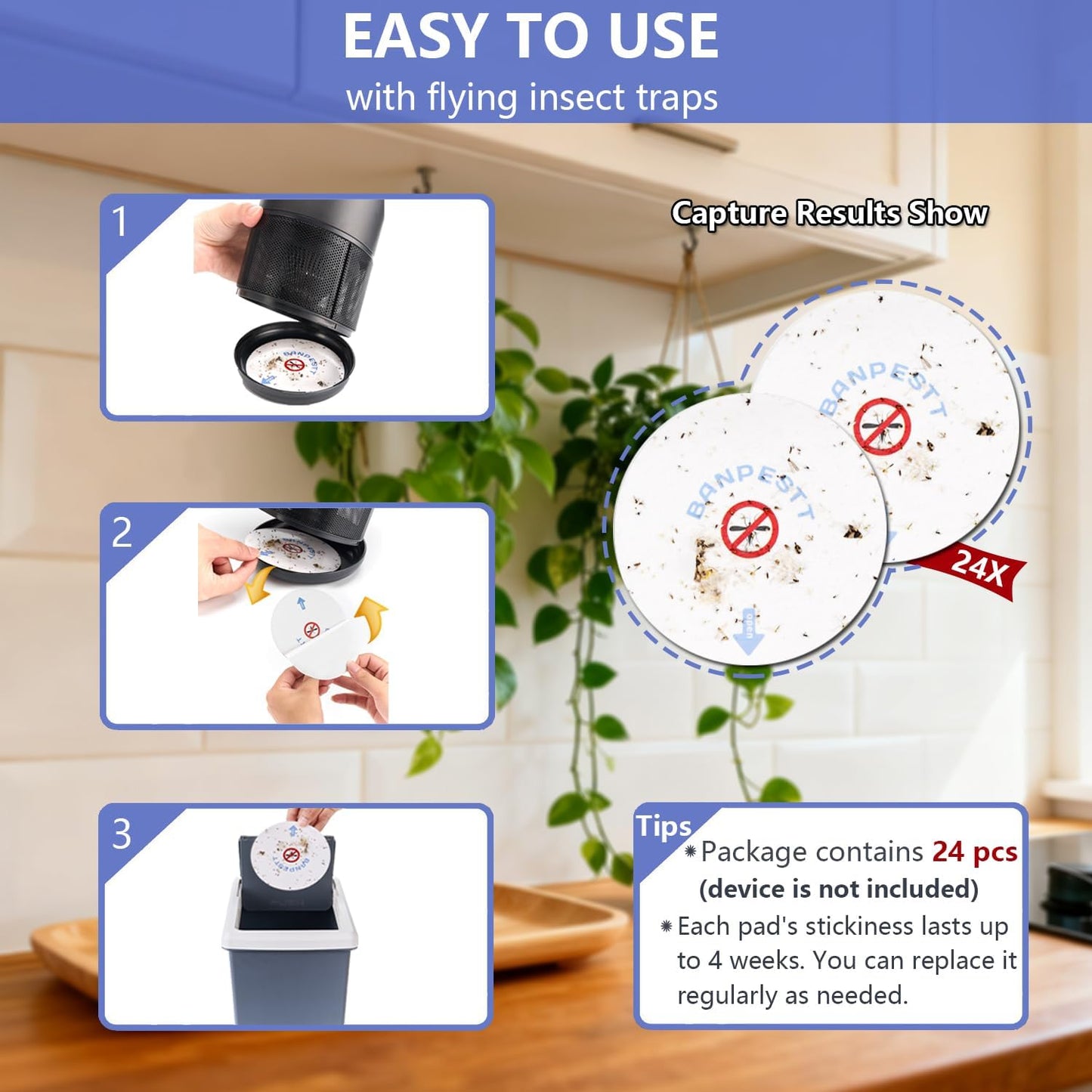 24 Pcs 4.3" Refill Sticky Glue Boards for Fruit Flies, Gnats & Moths | Fits Most Round Gnat & Fruit Fly Traps, Indoor Use | Device Not Included