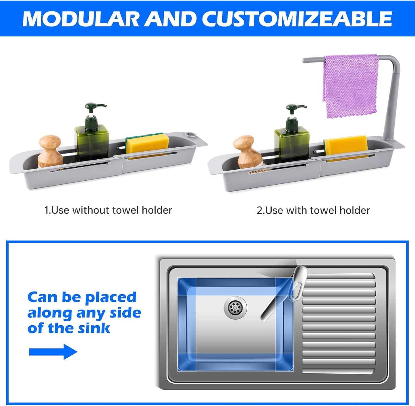 NiHome Telescopic Kitchen Over Sink Organizer with Towel Hanger, Expandable Slim Drain Basket Multifunctional Caddy Adjustable Length Colander Rack Sponge Holder Storage Tray for Home Bathroom (Grey)