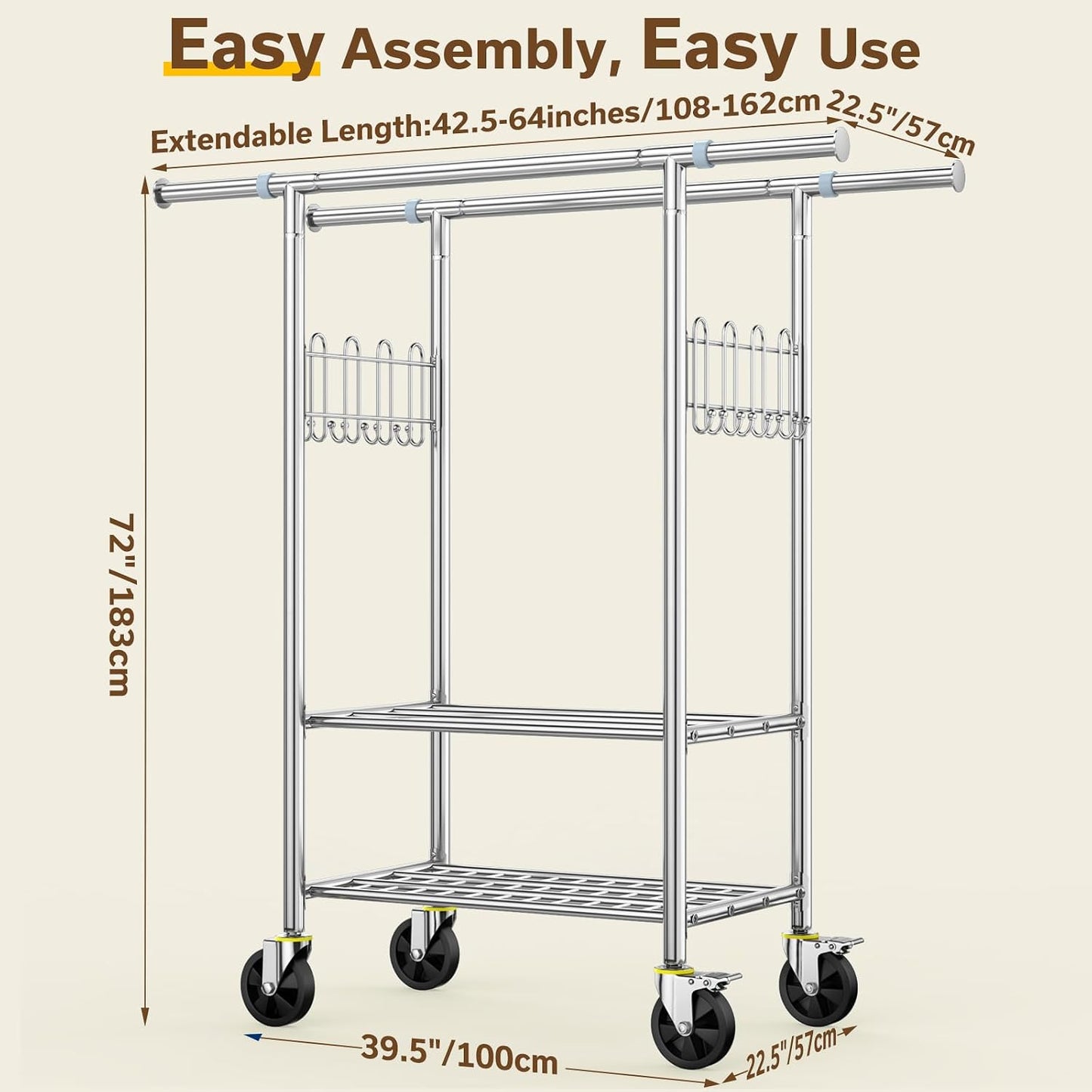 Upgraded 100% Stainless Steel Clothing Rack Load 760LBS, Heavy Duty Clothes Racks with Larger & Sturdy Wheel, Extendable & Adjustable Rolling Garment with Shelves for Hanging Portable Closet Rack