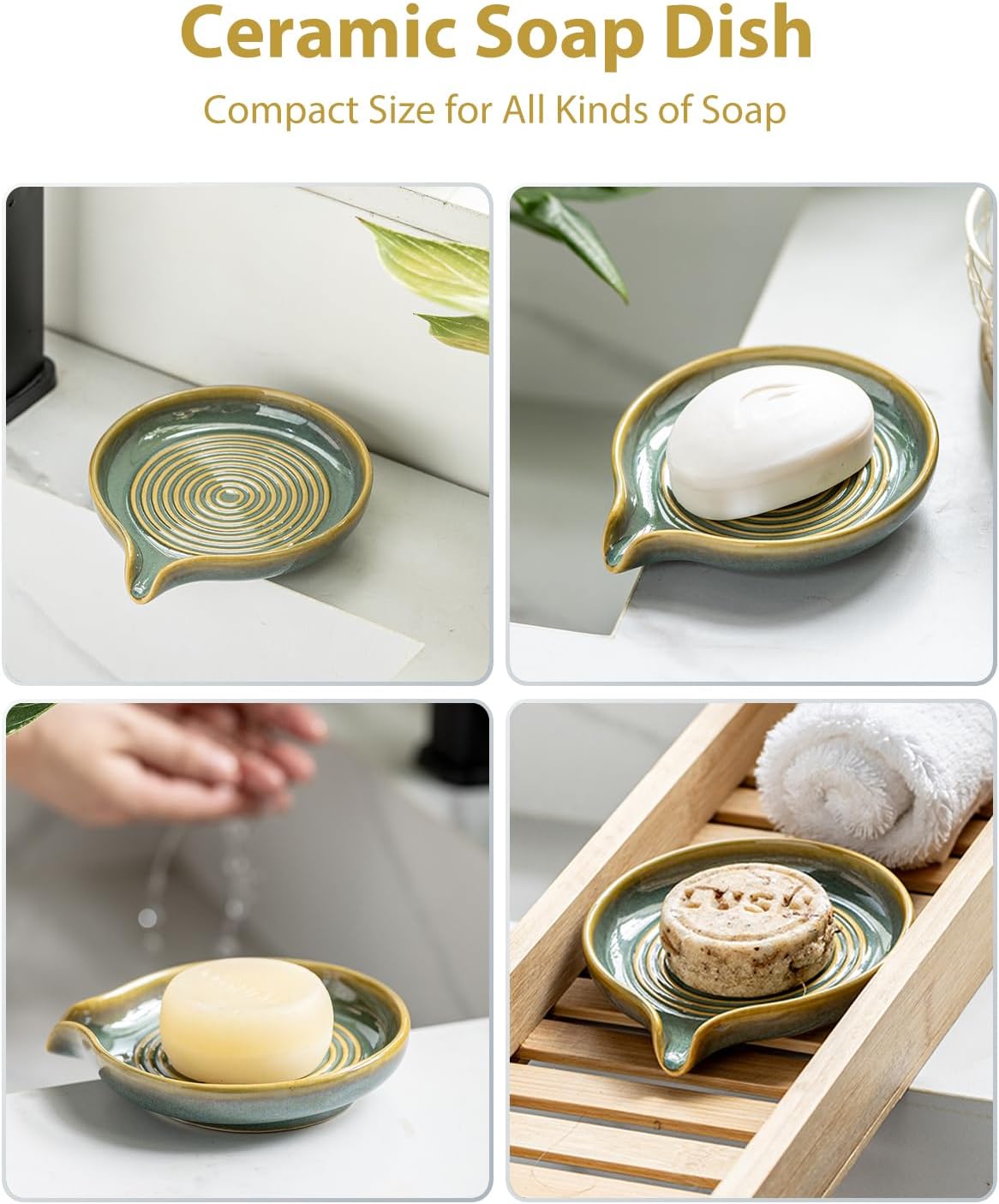 Self Draining Soap Dish, Ceramic Drain Soap Holder Waterfall Design Soap Saver for Shower, Bathroom, Sink, Kitchen and Countertop, Keeps Dry, Green
