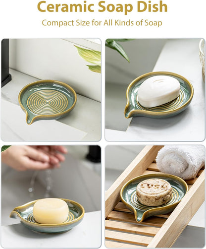 Self Draining Soap Dish, Ceramic Drain Soap Holder Waterfall Design Soap Saver for Shower, Bathroom, Sink, Kitchen and Countertop, Keeps Dry, Green