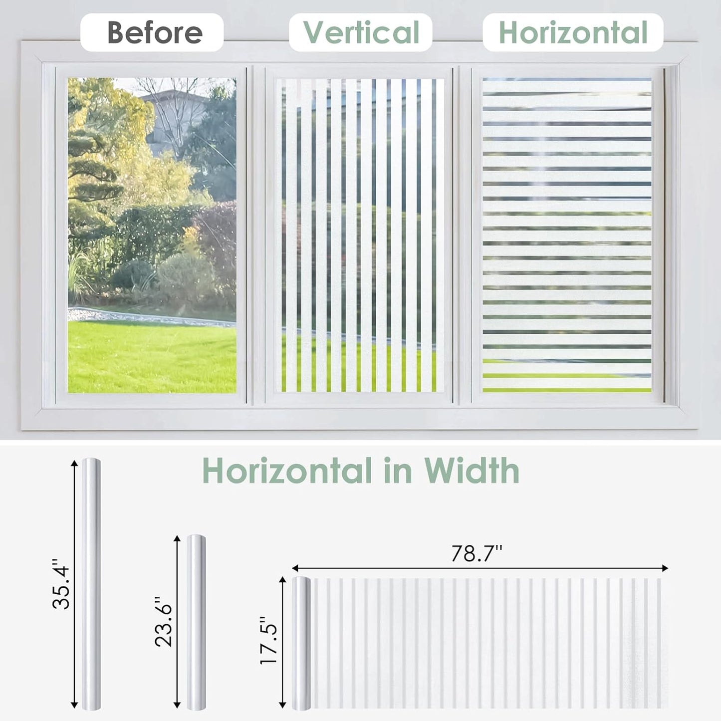 rabbitgoo Window Privacy Film, Frosted Glass Privacy Film, Window Frosting Cling for Glass, Non Adhesive Static Cling Front Door Covring, Anti-UV Reeded Blinds Sticker, Striped Pattern, 17.5" x 78.7"