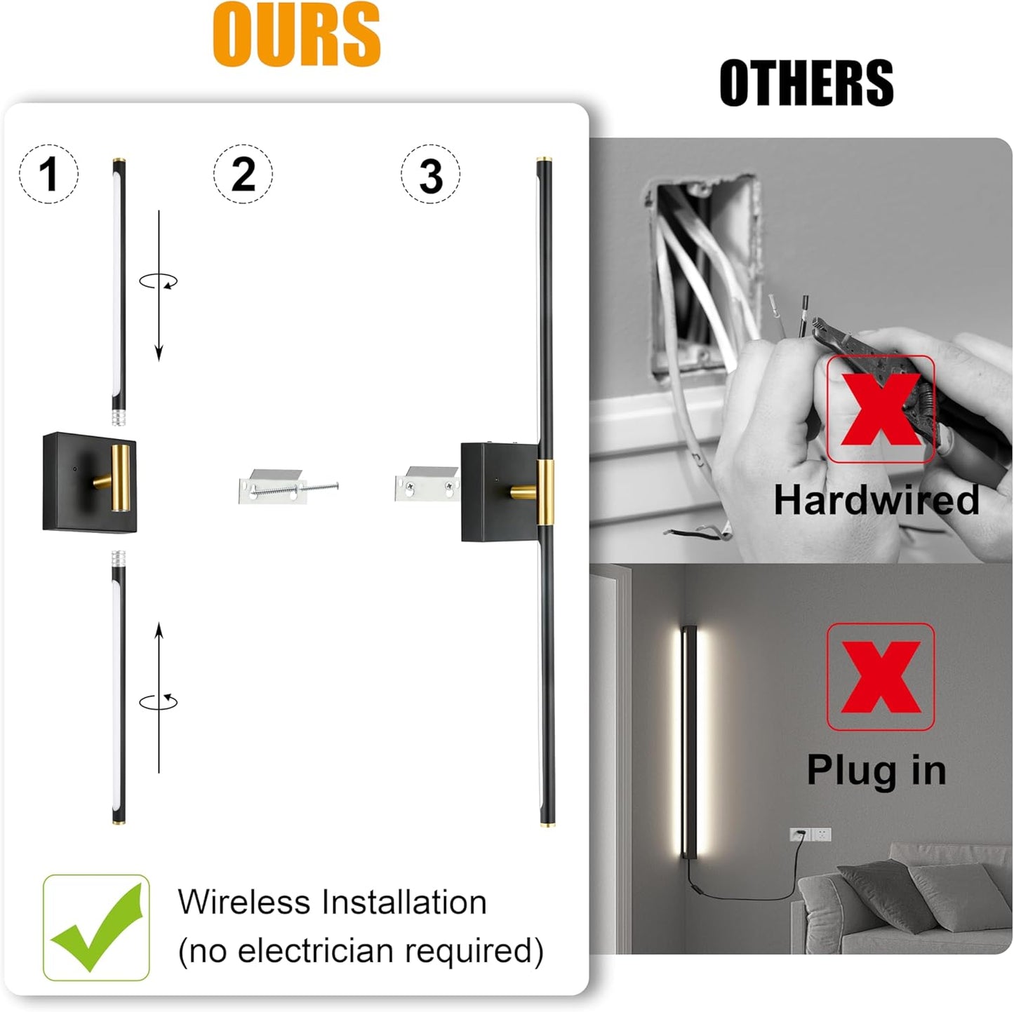 Morauroral Battery Operated Wall Sconces Set of 2, 10000mAh Rechargeable Sconces, 3000K-6000K Dimmable LED Wall Lamp with Remote, 24 Inch Black Gold Wireless Wall Lights for Bedroom, Living Room