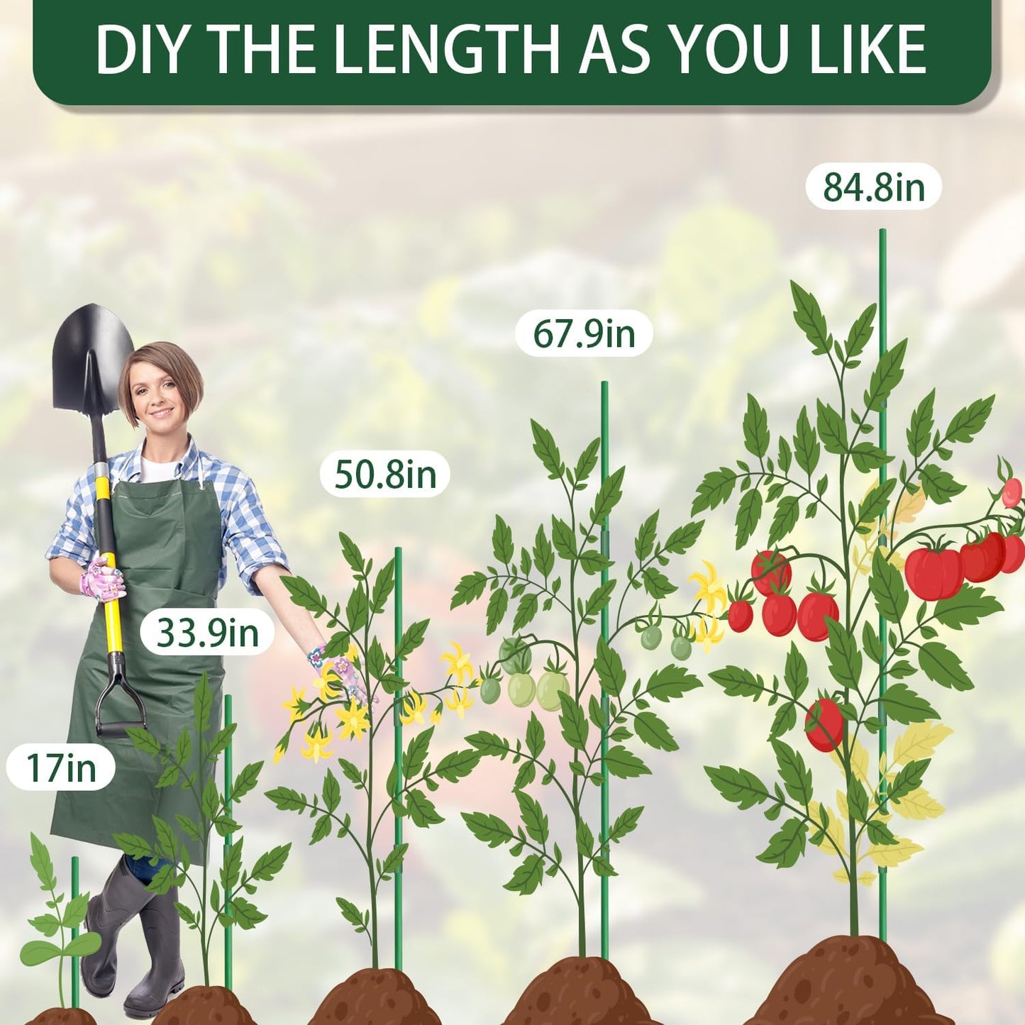 Garden Stakes 17Inch 20Pcs HOUNANG, DIY 4ft 5ft 6ft 7ft 8ft Fiberglass Plant Support Stakes for Gardening, with 14Connectors 50Ties for Indoor Outdoor Plants, Tomato, Vegetables, Potted Plants
