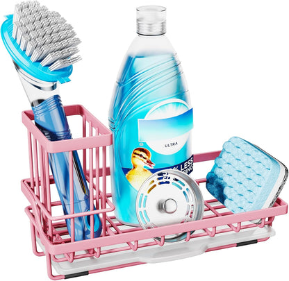 Consumest Sponge Holder for Kitchen Sink - Kitchen Sink Caddy Organizer with Removable Drip Tray for Countertop Dish Soap Dispenser Brush Storage Accessories 304 Stainless Steel - Black