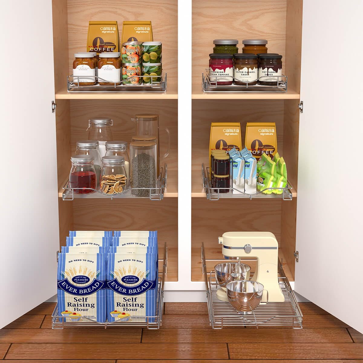 DINDON Pull Out Cabinet Organizer, (17" W x 21" D) Heavy-Duty Metal Sliding Drawer Shelf, Bathroom Under Sink Kitchen Cabinets Organizer and Storage Slide Out Shelves, Chrome, 1 Tier, 2 Pack