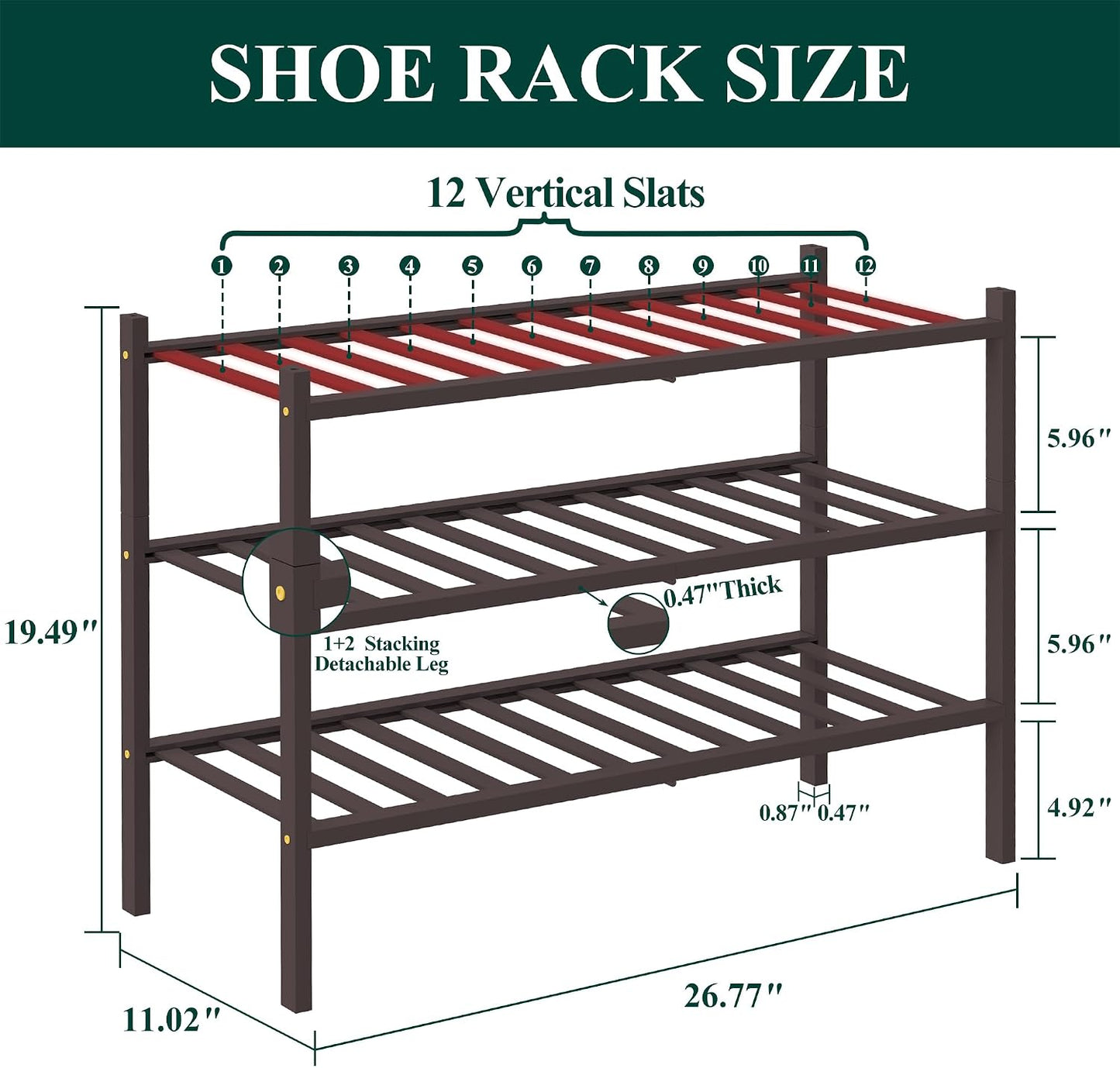 Smiry Bamboo Shoe Rack, 3 Tier Free Standing Wooden Shoe Organizer, Stackable Wood Shoe Storage Shelf for Closet, Entryway, 12 Vertical Slats, 2+1 Stack Standard Legs, 26.8"x11"x19.5", Natural