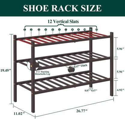 Smiry Bamboo Shoe Rack, 3 Tier Free Standing Wooden Shoe Organizer, Stackable Wood Shoe Storage Shelf for Closet, Entryway, 12 Vertical Slats, 2+1 Stack Standard Legs, 26.8"x11"x19.5", Natural