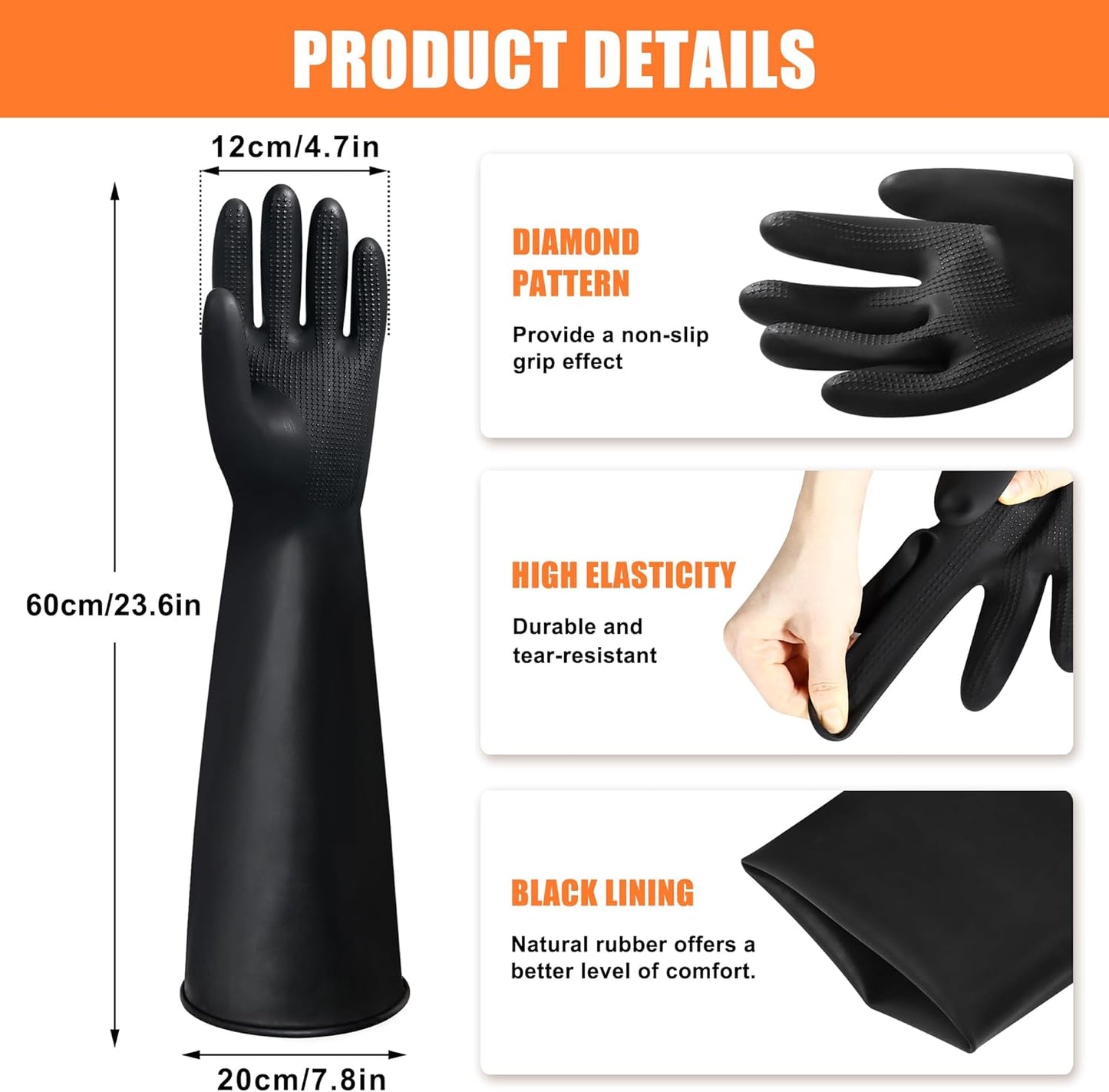 24" Chemical Resistant Glove, Reusable Heavy Duty Long Rubber Gloves, Long Waterproof Dishwashing Gloves, Industrial Safety Gloves for Men