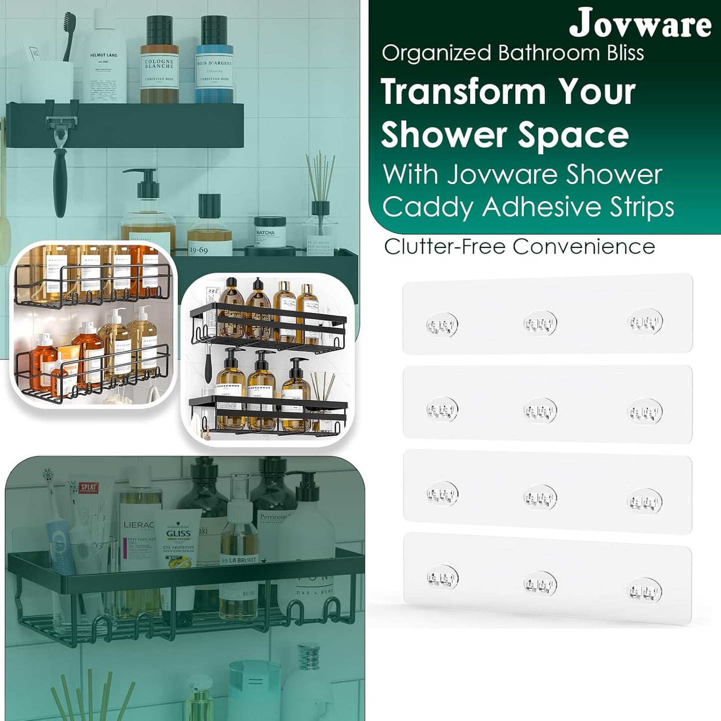 Shower Caddy Adhesive Replacement Stickers Sticker Shelf Basket Strips Suction Hooks Large Strong Hook for Bathroom Storage Corner Transparent Shelves Wall Mount 3 Hooks 11 13/16"