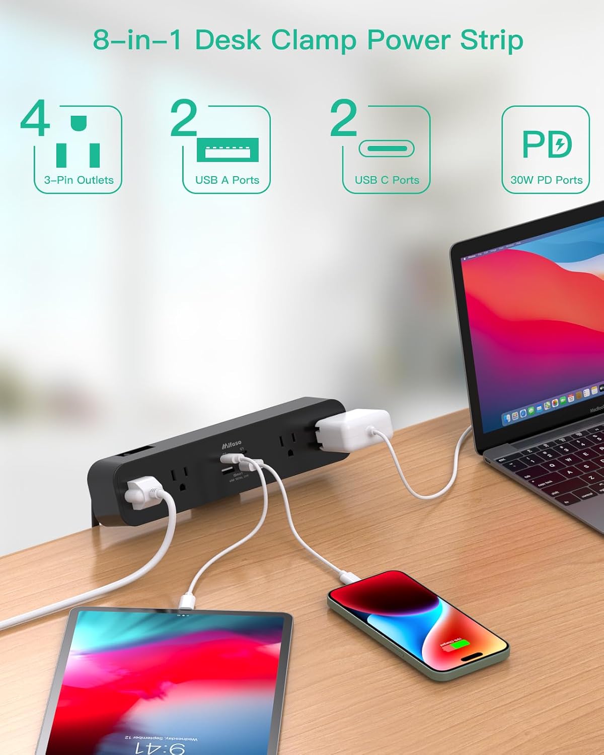 Mifaso PD30W Desk Clamp Power Strip, Surge Protector, Fast Charging Station | 4 Outlets, 4 USB (2 USB C), 5FT Extension Cord, Desk Organizer Gaming Accessories Office Essentials, Fits 1.96" Tabletop Edge