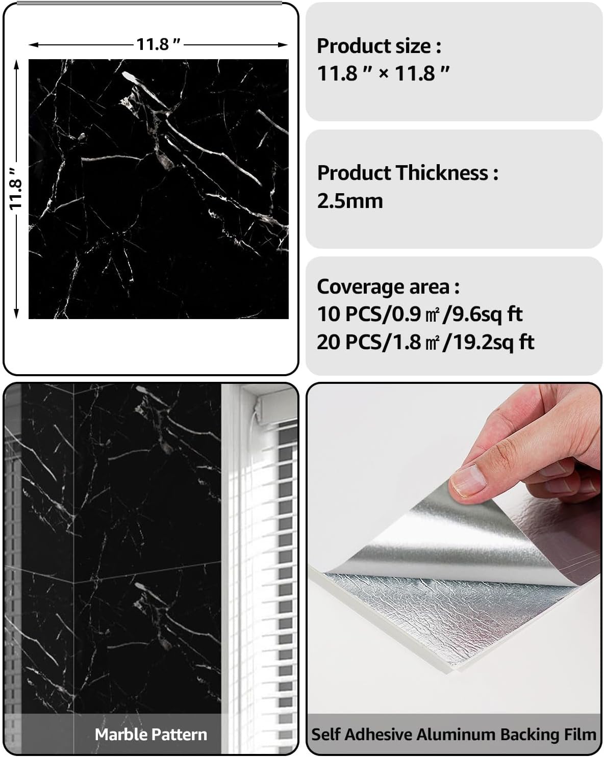 WADILE 10pcs Peel and Stick Shower Waterproof Marble Tiles Wall Panels, 11.8"x11.8" Self-Adhesive Backsplash, for Home Bathroom, Kitchen, Living Room White (Not Real Tile)
