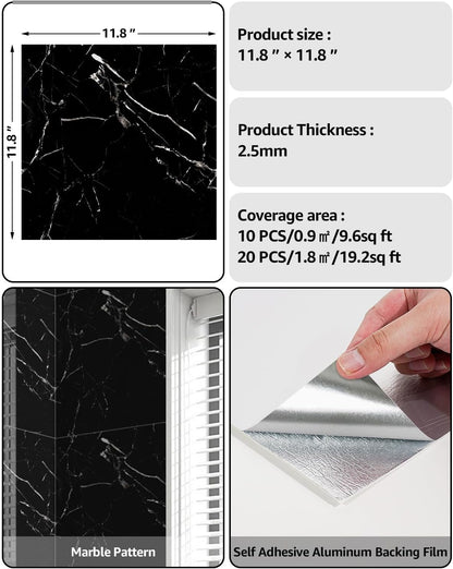 WADILE 10pcs Peel and Stick Shower Waterproof Marble Tiles Wall Panels, 11.8"x11.8" Self-Adhesive Backsplash, for Home Bathroom, Kitchen, Living Room White (Not Real Tile)