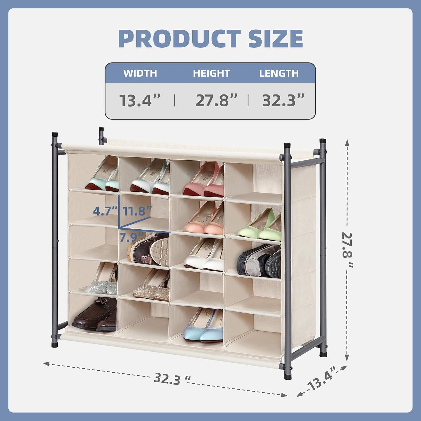 STORAGE MANIAC Stackable Shoe Cubby Organizer, Free Standing Shoe Cube Rack for Entryway, Bedroom, Apartment, Closet, 20-Cube Gray