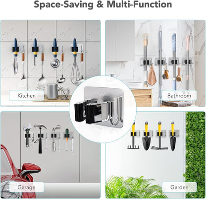 homeasy Mop Broom Holder No Drill, Mop Broom Organizer Wall Mounted Heavy Duty with Hooks Hanger, Self Adhesive Stainless Steel 4Pcs for Bathroom, Kitchen, Office (Silver)