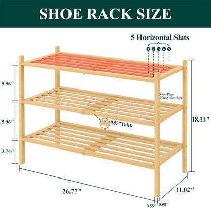 Smiry Bamboo Shoe Rack, 3 Tier Free Standing Wooden Shoe Organizer, Stackable Wood Shoe Storage Shelf for Closet, Entryway, 5 Horizontal Slats, 26.8"x11"x18.3", Natural