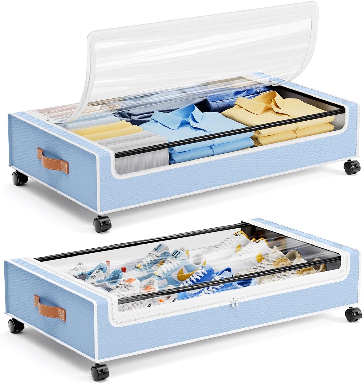 Yecaye Under Bed Storage with Wheels, 2 Pack Under Bed Storage Containers, 60L Underbed Shoe Storage with Clear Window & Label, Rolling Under Bed Metal Drawer for Clothes, Shoes, Books, Blankets