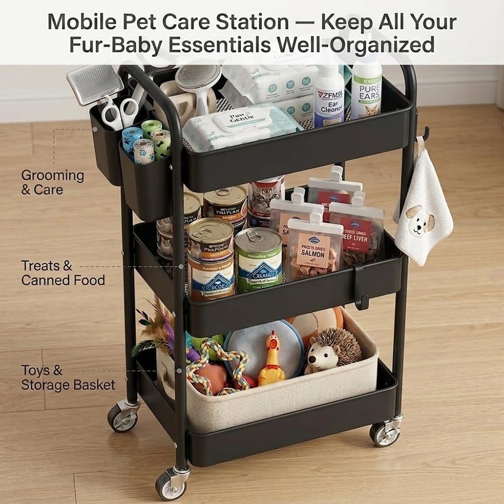 3-Tier Metal Rolling Cart, Slim Gap Space-Saver Organizer for Craft & Office