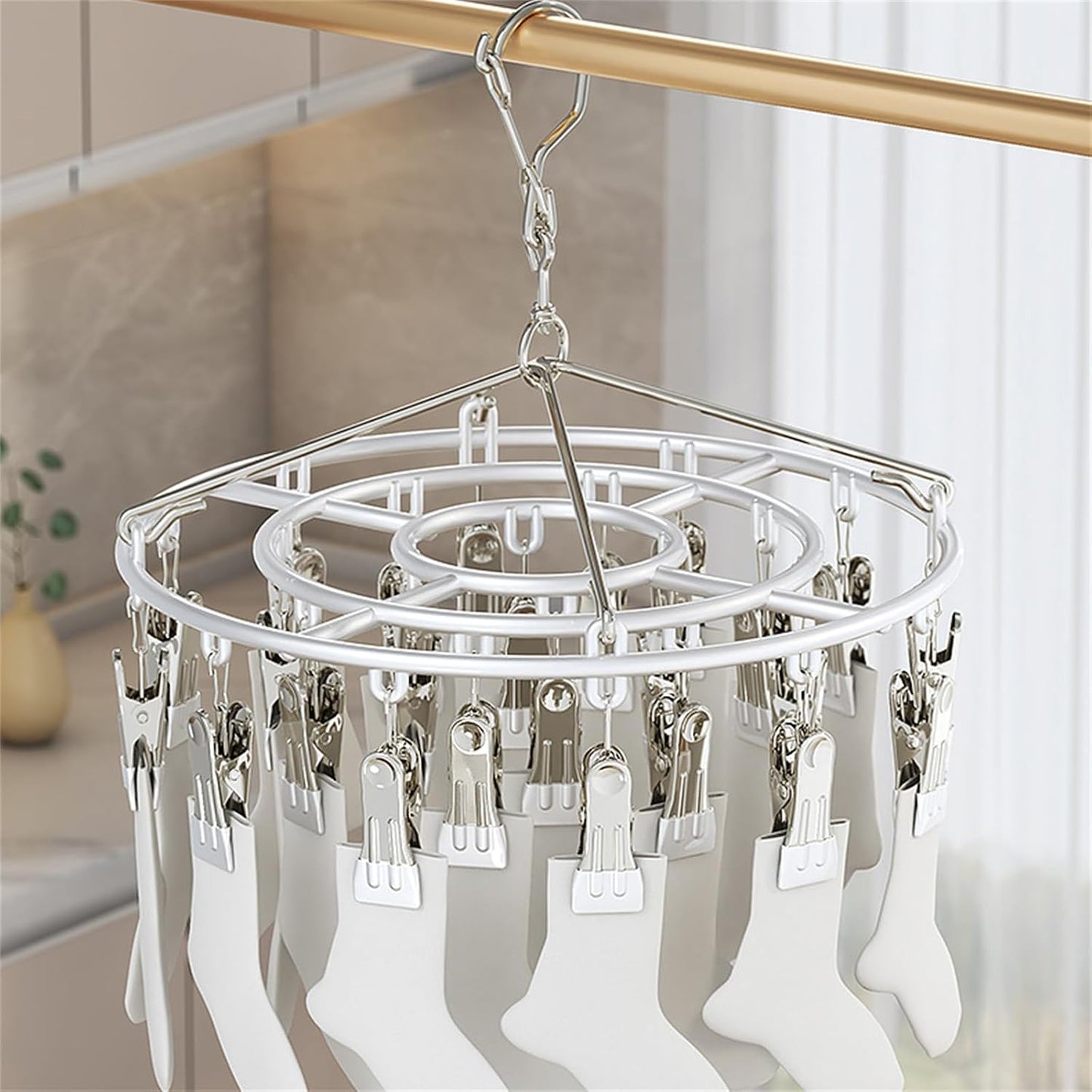 Stainless Steel Clothes Sock Drying Rack With 28 Clips, Swivel Hook Windproof Clothes Hanger Rack For Sock, Bras, Towel, Underwear, Hat, Scarf, Gloves, Pants Laundry Clothes Square28clamps pink