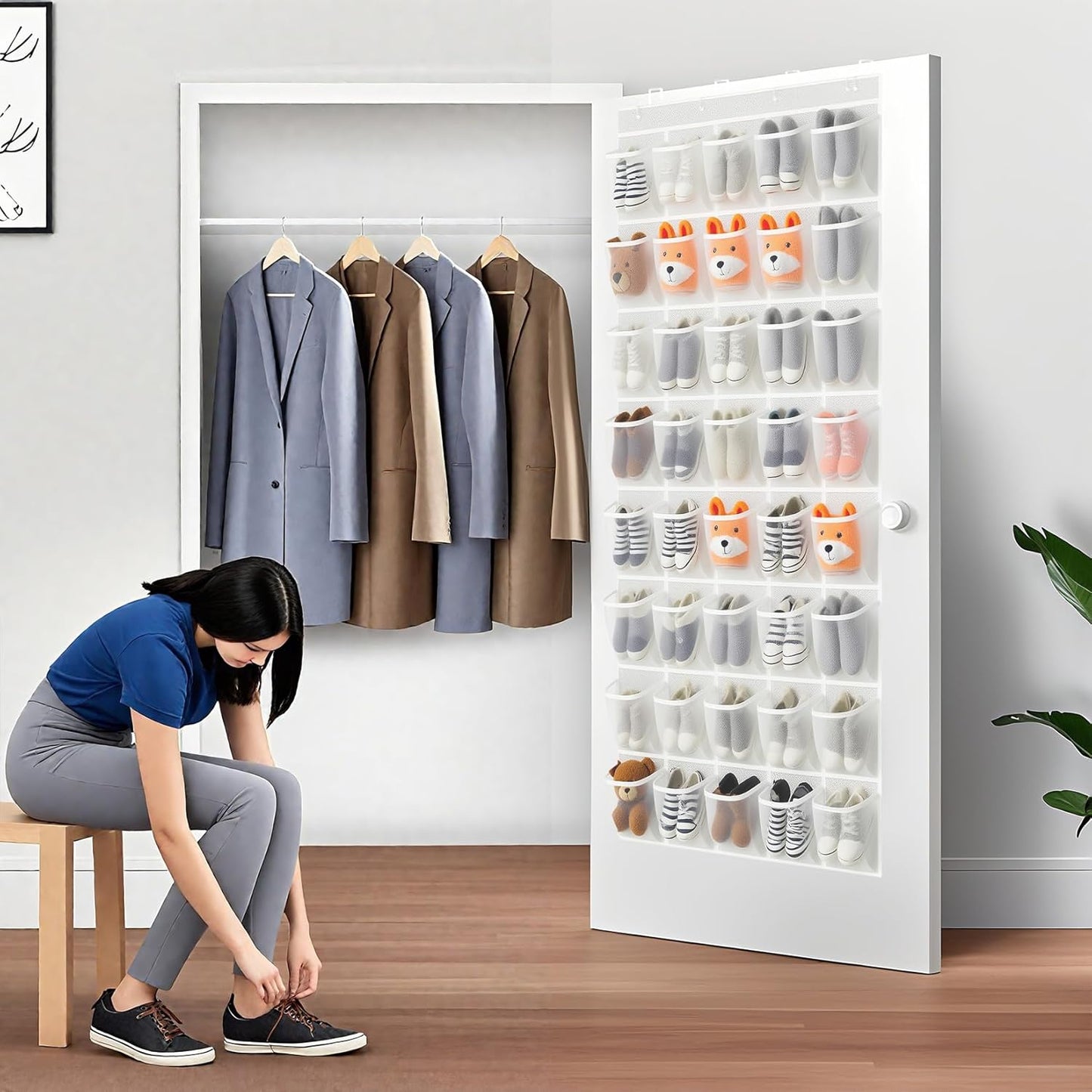 40 Large Mesh Pocket Over the Door Shoe Organizer,Hanging Shoe Rack for Door,Hualleko Shoes Organizer Hanger with Large Capacity, Shoes Storage Holder Sturdy Non-woven Fabric - Stores 20 Pairs (White)