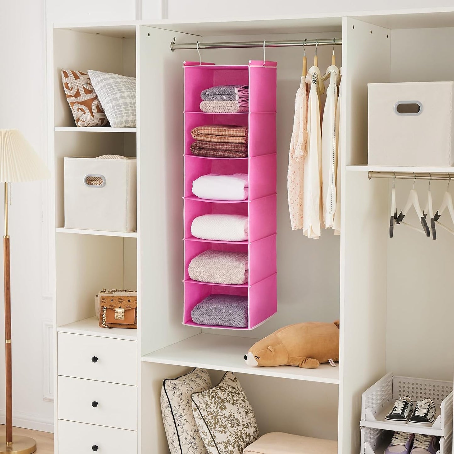 MAX Houser 6 Tier Shelf Hanging Closet Organizer, Closet Hanging Shelf with 2 Sturdy Hooks for Storage, Foldable (Grey)