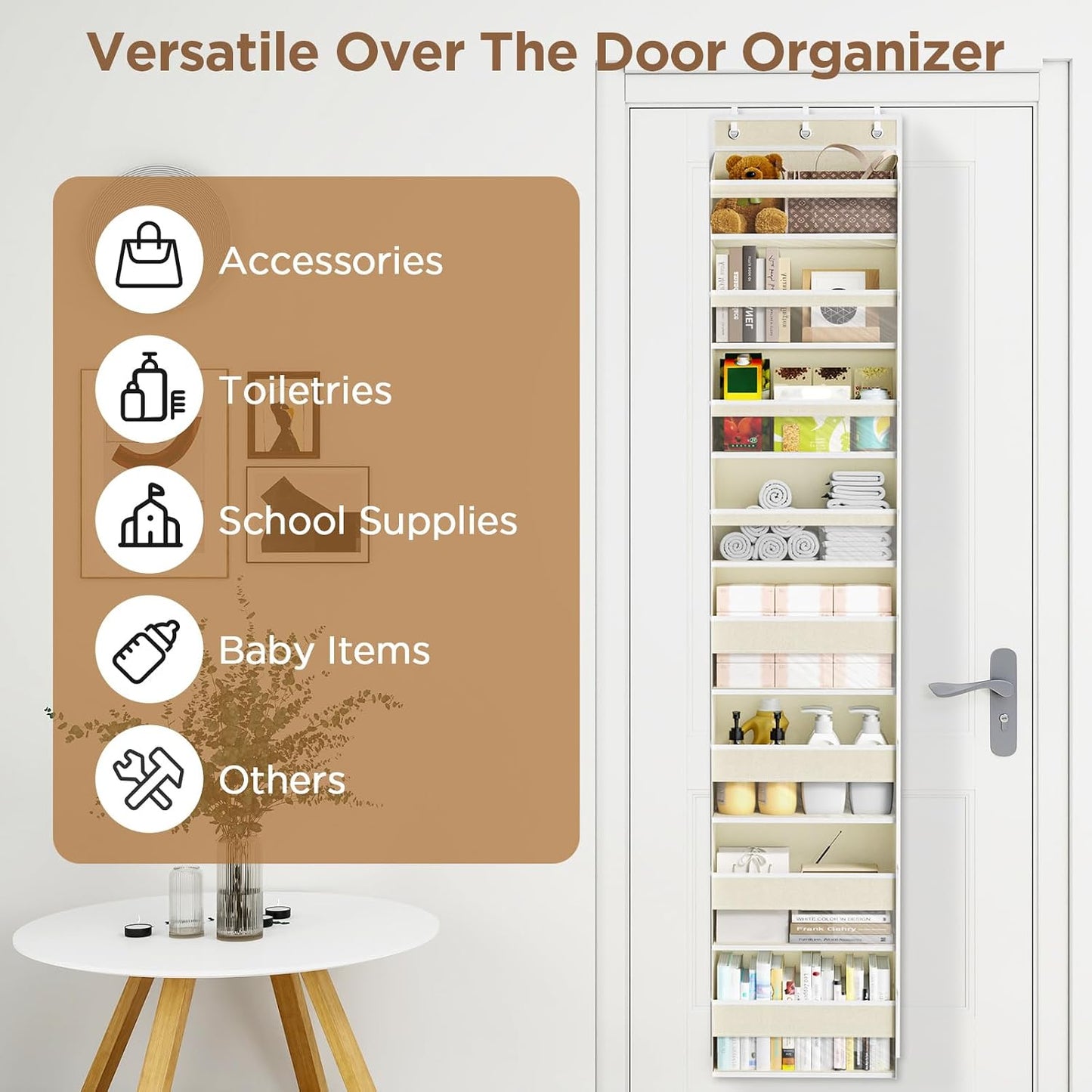 6 Tiers Over The Door Organizer, Heavy Duty Hanging Organizer Storage with Large Capacity Pockets, Behind Door Storage Hanging Shelves for Closet Wall Bathroom Bedroom Nursery Pantry, 1 Pack Grey