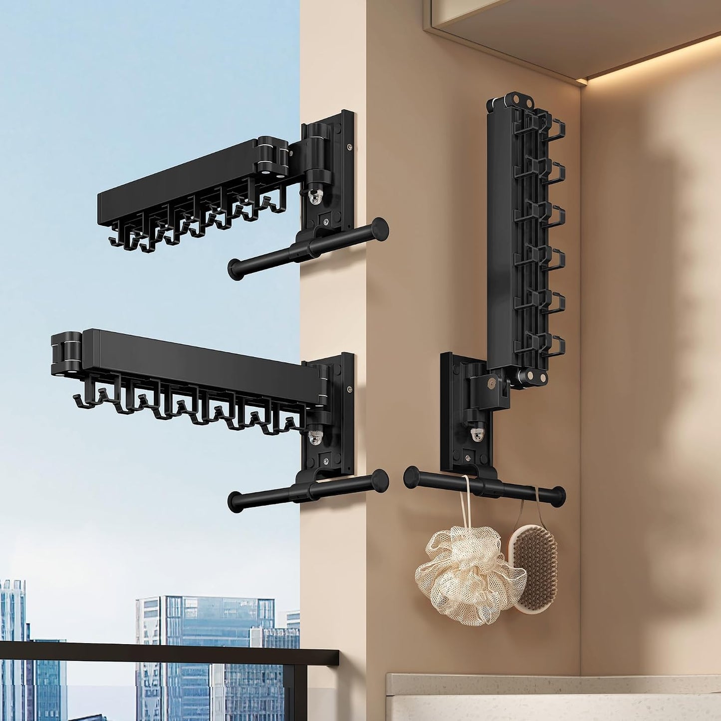 Wall Mounted Tri-Fold Clothes Drying Rack, Heavy Duty Collapsible Laundry Drying Rack, Space-Saving Retractable Foldable Drying Rack Clothes for Laundry Room Balcony Bathroom,Black-Hooks