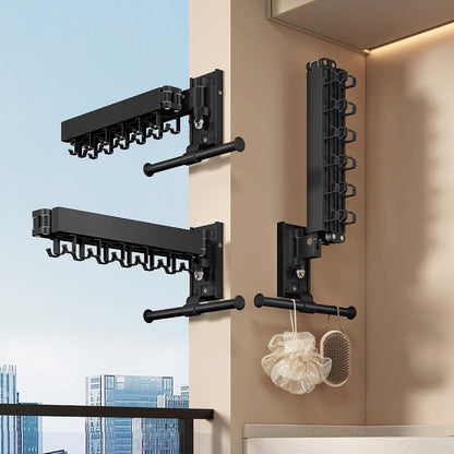 Wall Mounted Tri-Fold Clothes Drying Rack, Heavy Duty Collapsible Laundry Drying Rack, Space-Saving Retractable Foldable Drying Rack Clothes for Laundry Room Balcony Bathroom,Black-Hooks