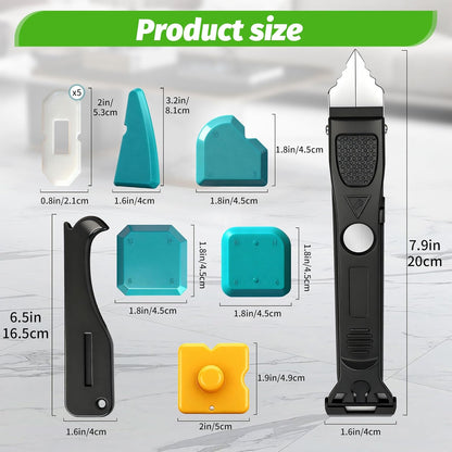 Caulking Tool Kit, 6 in 1 Silicone Caulking Grout Removal Sealant Finishing Tool with Grout Scraper 6 Silicone Pads, Sealant Removal and Trimming Tool with Squeegee for Bathroom, Window, Door, Kitchen