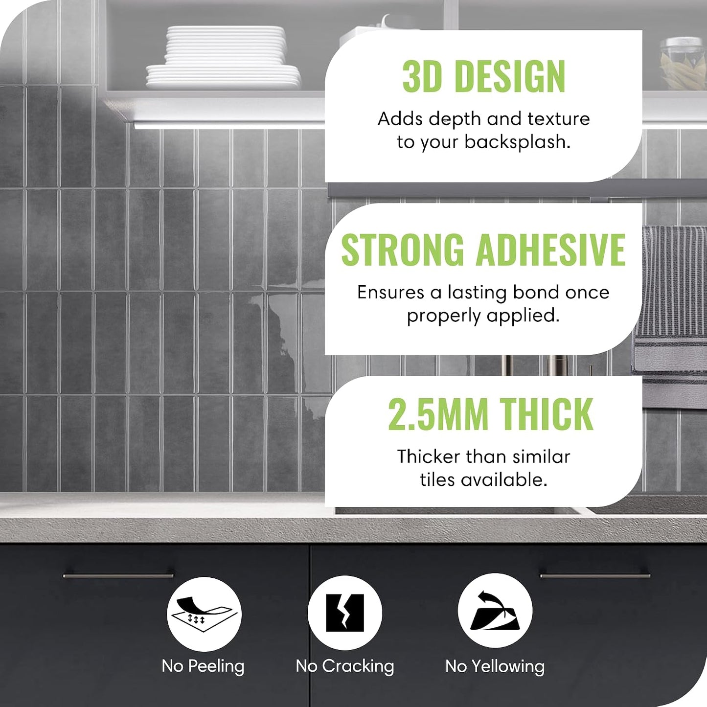 Peel and Stick Subway Backsplash Tiles, 5 Pack, 12 x 12 in, Almond | extra thick 3D wall panels, heat and water resistant wall panels, easy DIY kitchen, bathroom, laundry, fireplace wall décor