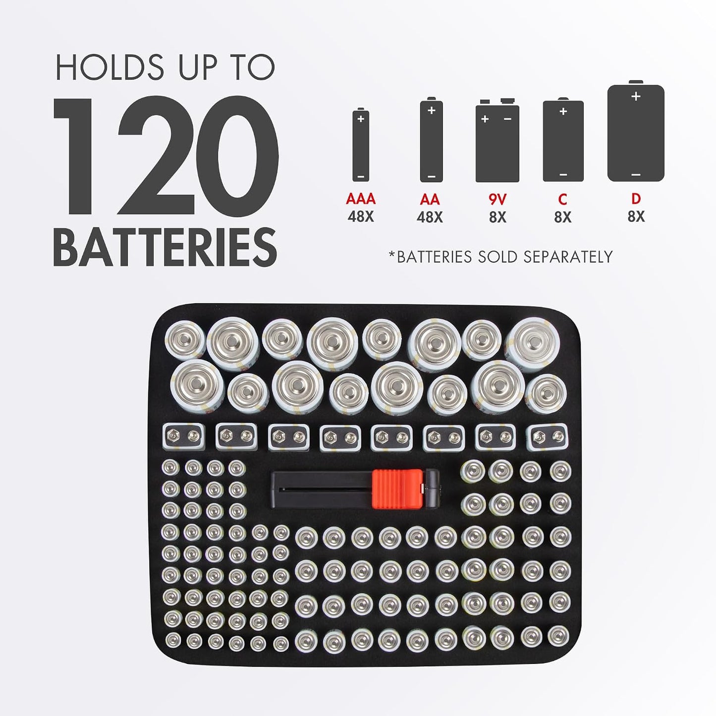 Tenergy Battery Organizer Storage Case with Battery Tester, Holds 60 Batteries AA AAA C D 9V (Batteries not Included)