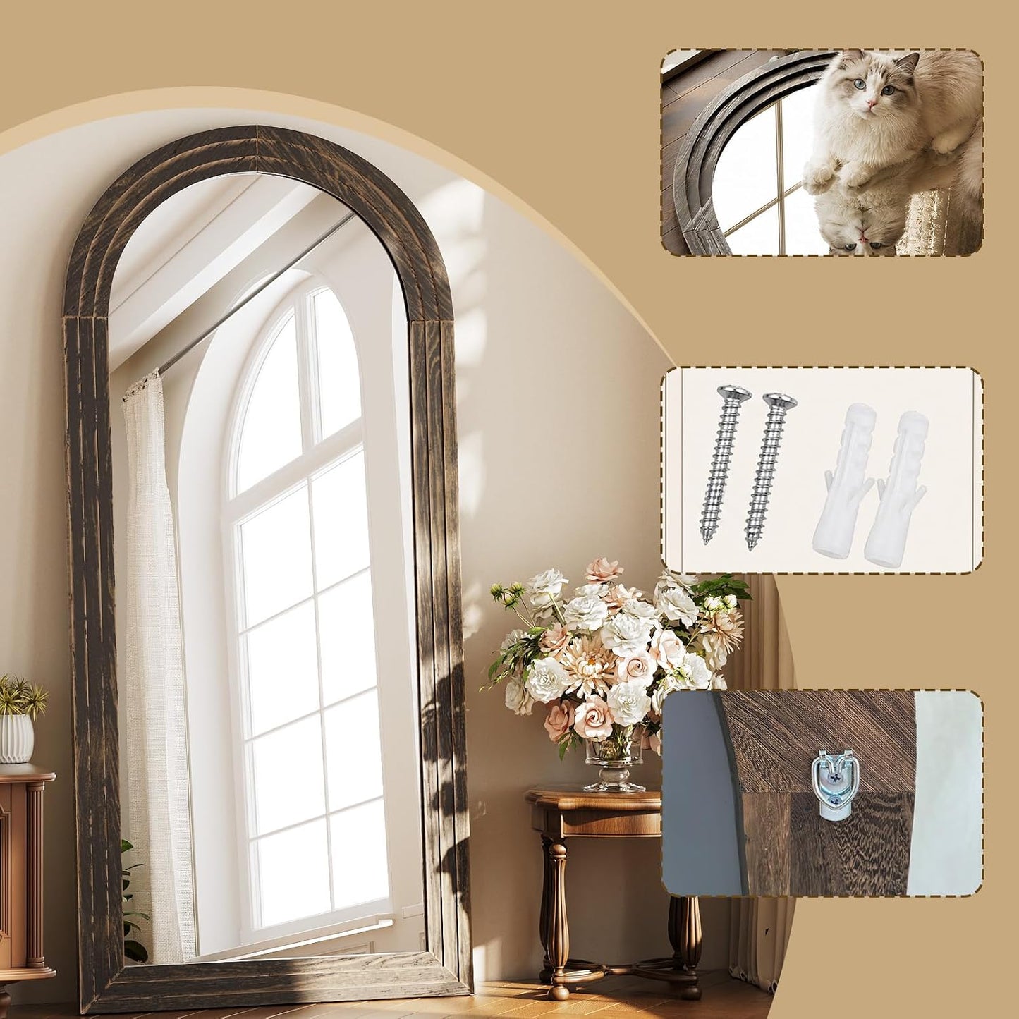 XRAMFY Full Length Mirror 65" x 22", Arched Large Floor Mirror with Solid Wood Frame, Freestanding & Wall Mounted, Antique Brown Finish for Bedroom Living Room
