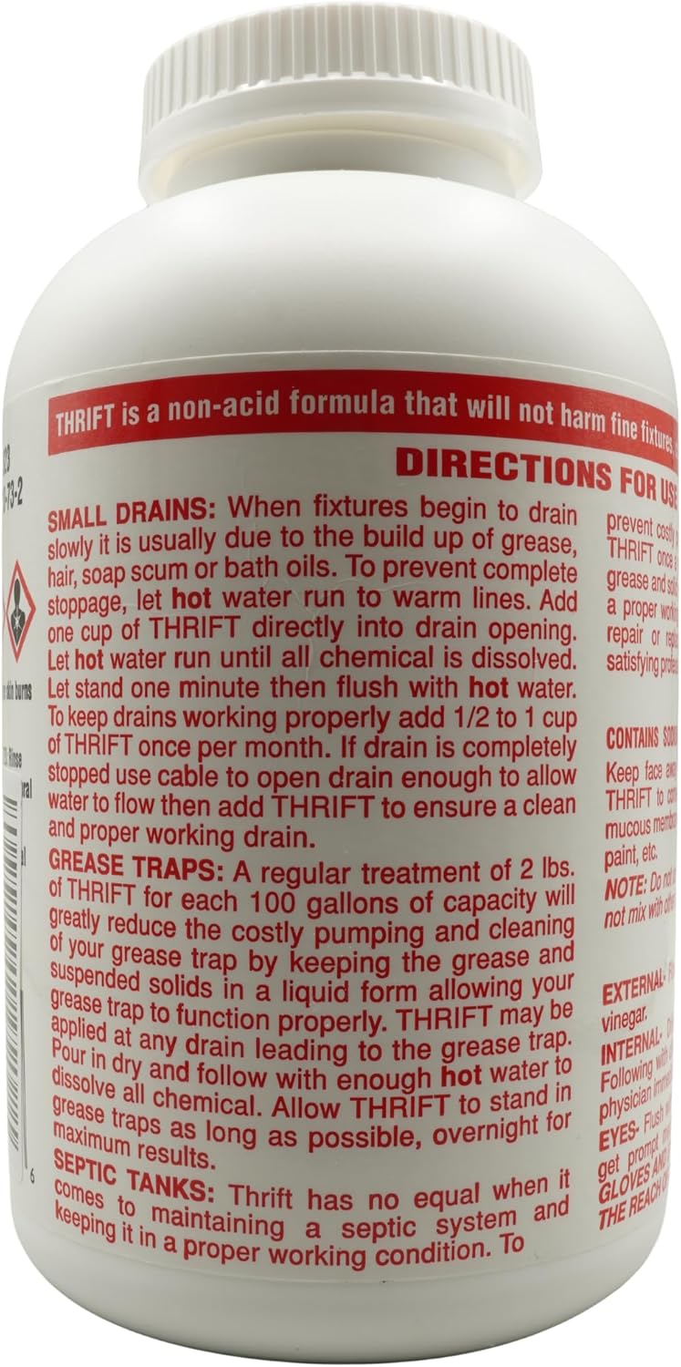 Thrift T-200 Drain Cleaner – 2 lb Odorless Drain Opener – Activated by Hot Water – For Small Drains, Grease Traps & Septic Systems