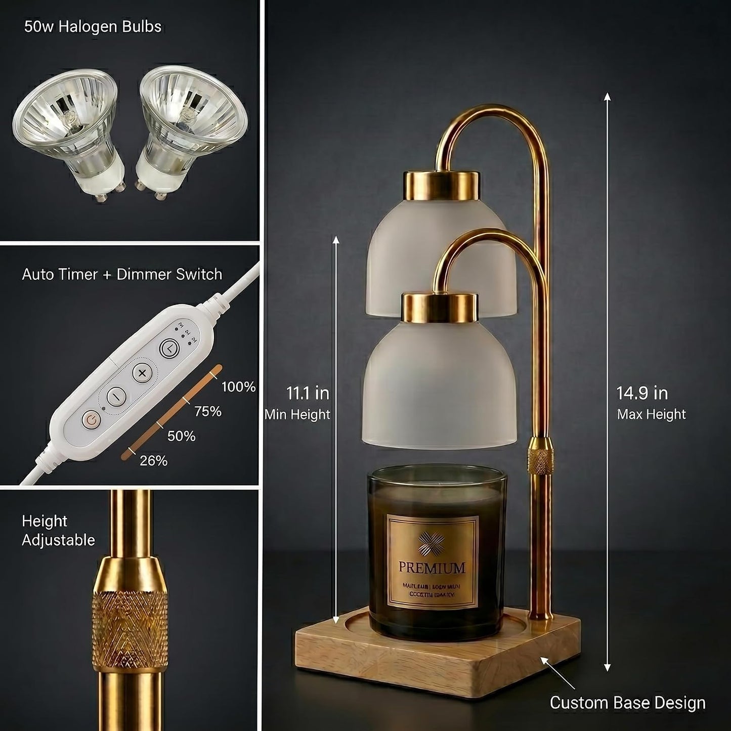 Luxury Candle Warmer Lamp with Timer, Dimmer, Remote Control, Adjustable Height, Electric Candle Warmer for Large Jar Candles, Flameless Candle Heater, Home Decor