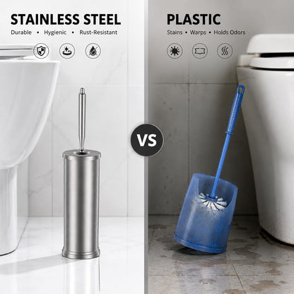 Stainless Steel Toilet Brush and Holder Set : Weighted Stable Base, Removable Inner Tube.Long Handle Toilet Bowl Brush Splash-Proof Design for Deep Cleaning & Space-Saving Storage,Nickel