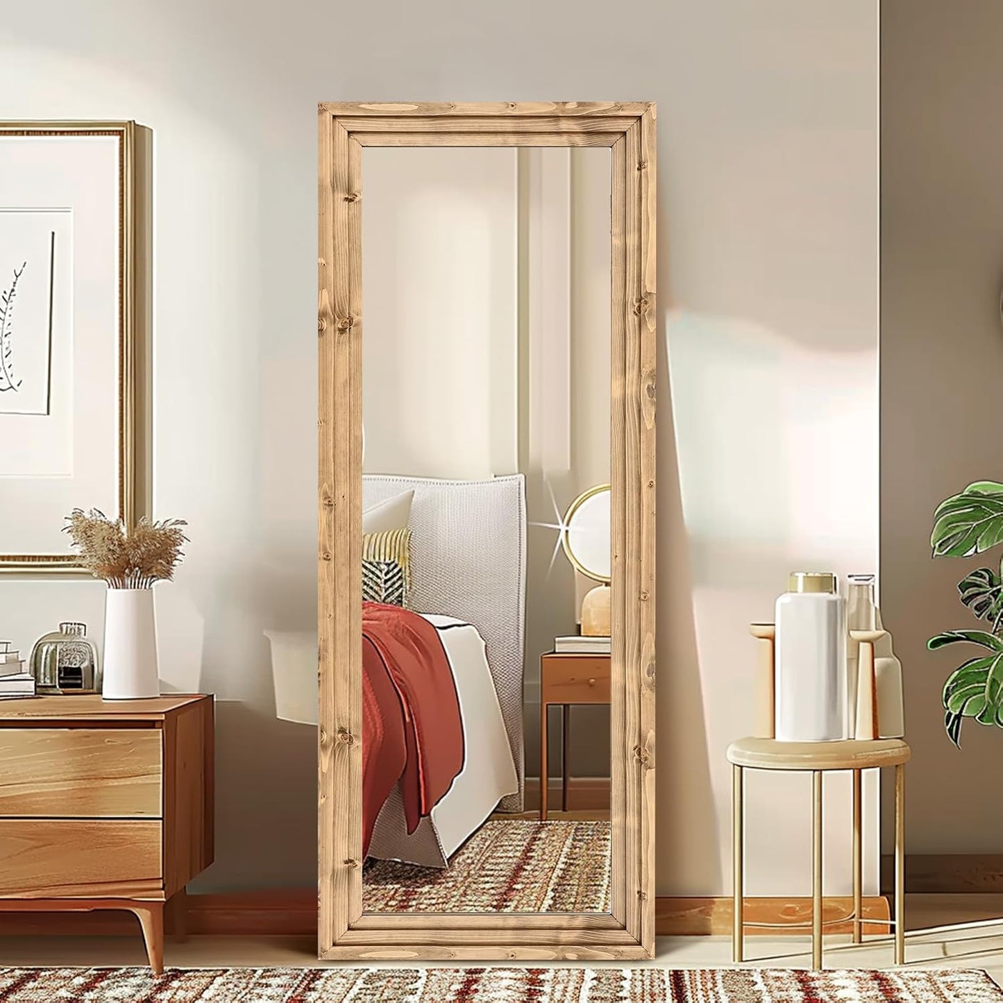 Full Length Mirror 65"x22" with Stand Solid Wood Frame Floor Large Mirror for Living Room, Bedroom Hanging Standing or Leaning Wall-Mounted, New Black