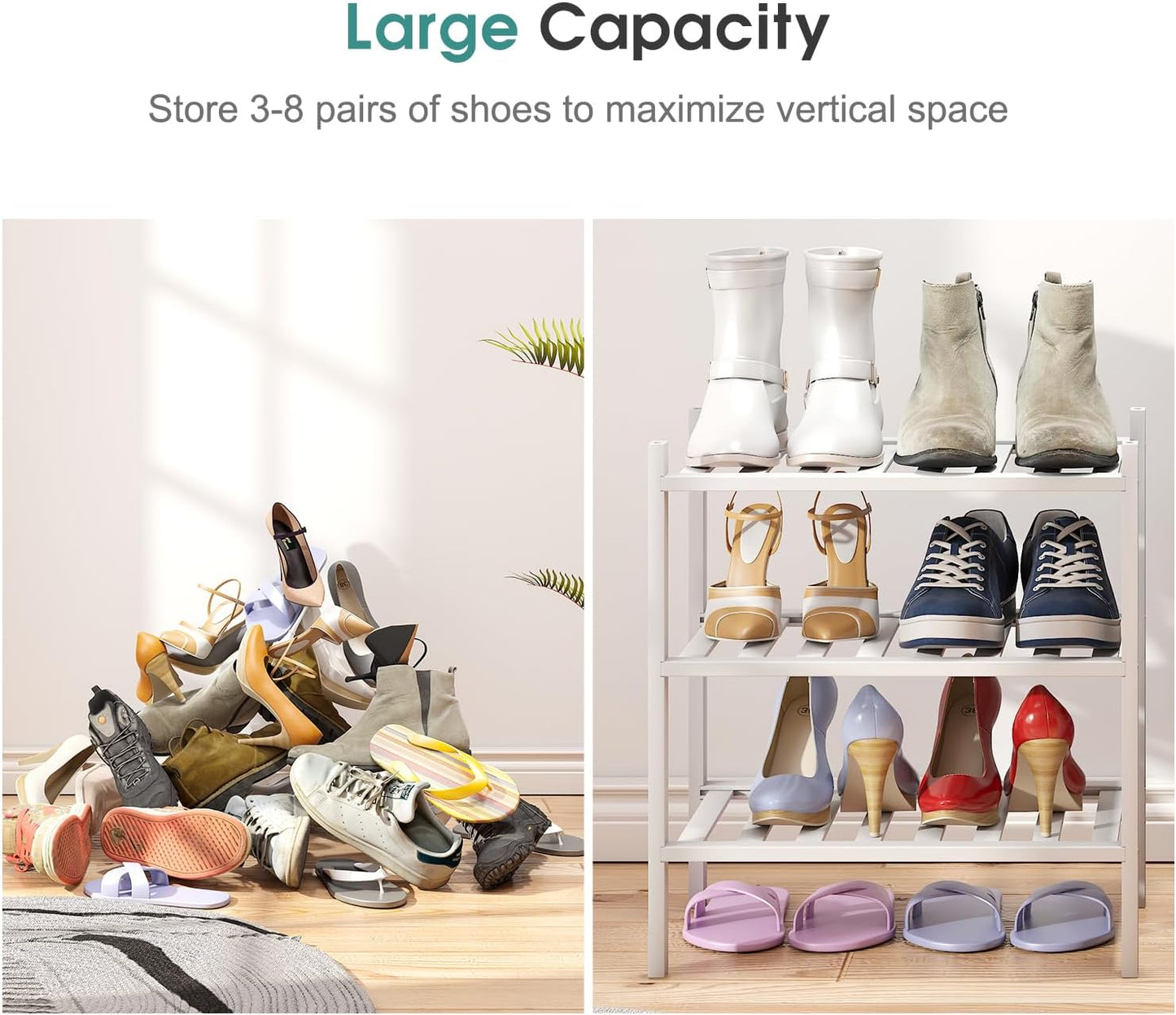viewcare 3-Tier Black Bamboo Shoe Rack for Entryway, Stackable | Foldable | Natural, Shoe Shelf Storage Organizer for Hallway Closet, Free Standing Shoe Racks for Indoor Outdoor
