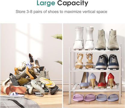 viewcare 3-Tier Black Bamboo Shoe Rack for Entryway, Stackable | Foldable | Natural, Shoe Shelf Storage Organizer for Hallway Closet, Free Standing Shoe Racks for Indoor Outdoor
