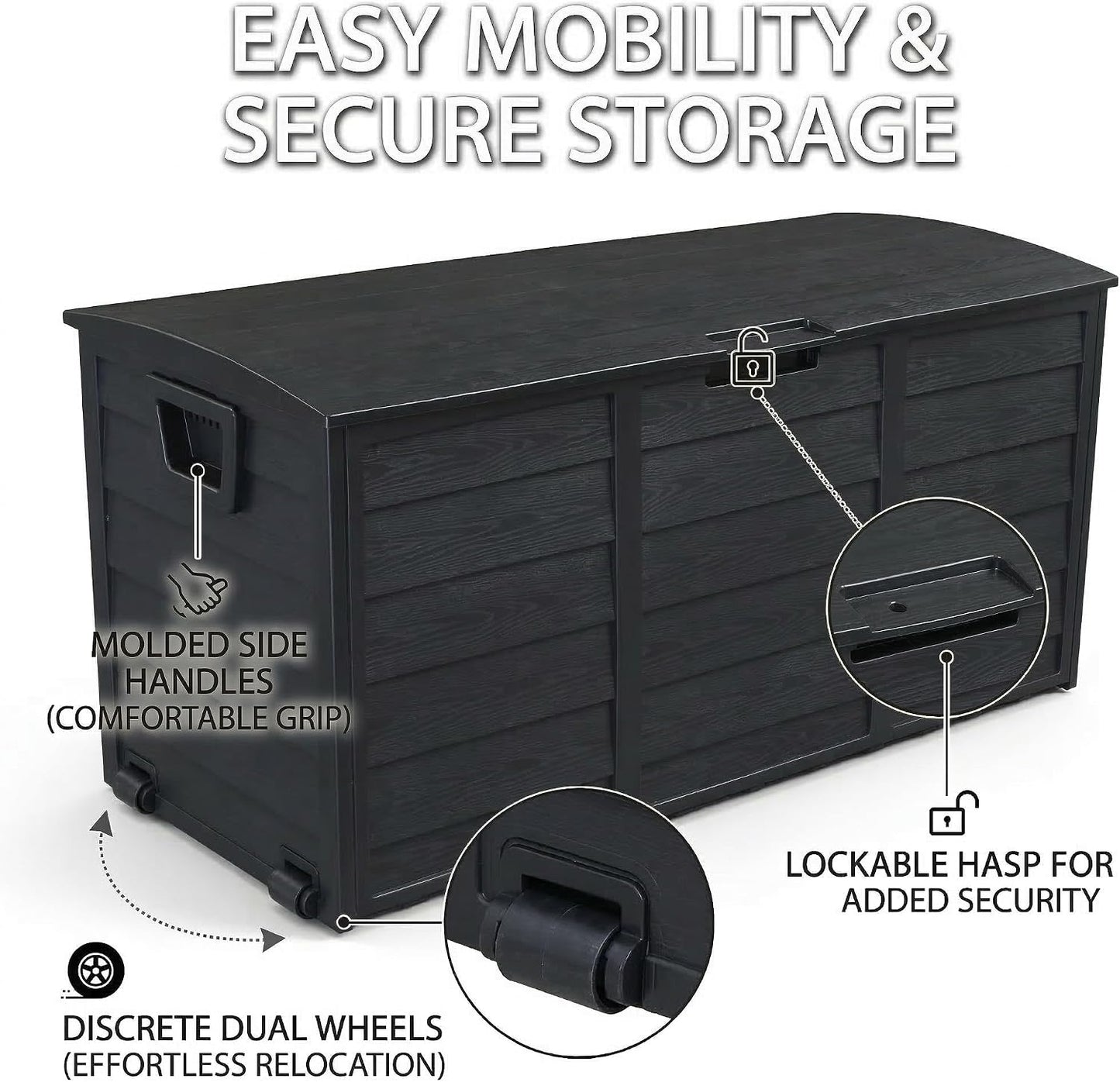 75 Gallon Outdoor Storage Box, 260L Waterproof Resin Deck Box for Patio Furniture Cushions, Garden Tools and Yard Accessories, Lockable Storage Chest with Wheels and Handles (Brown)