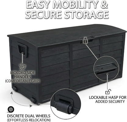 75 Gallon Outdoor Storage Box, 260L Waterproof Resin Deck Box for Patio Furniture Cushions, Garden Tools and Yard Accessories, Lockable Storage Chest with Wheels and Handles (Brown)