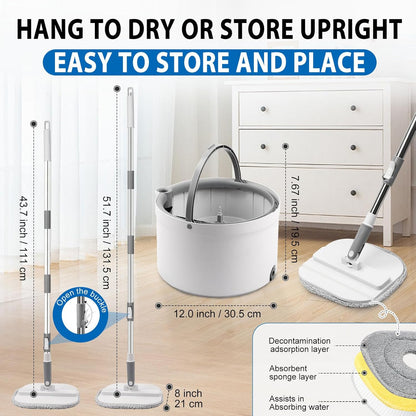 Spin Mop and Bucket with Wringer Set, 360° Spinning Mop Bucket System with 3 Microfiber Mop Replacement Heads and 50" Stainless Steel Adjustable Handle for Floor Cleaning